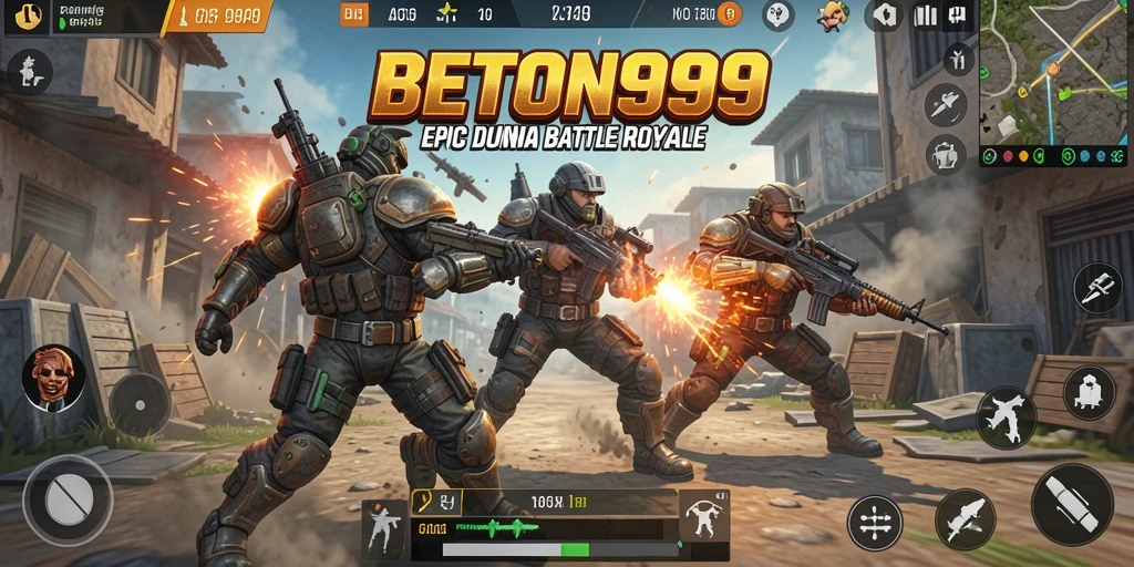 Tangkapan layar utama BETON999 menampilkan aksi menegangkan dalam lingkungan Battle Royale.