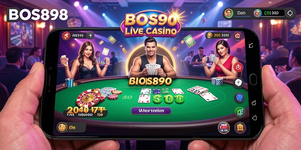 Tangkapan layar gameplay BOS898 menampilkan dealer langsung dan suasana kasino yang mengesankan.