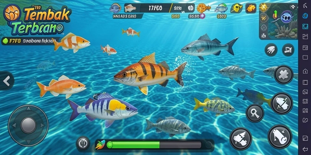 Tampilan gameplay F7F7 dengan aksi menembak ikan.