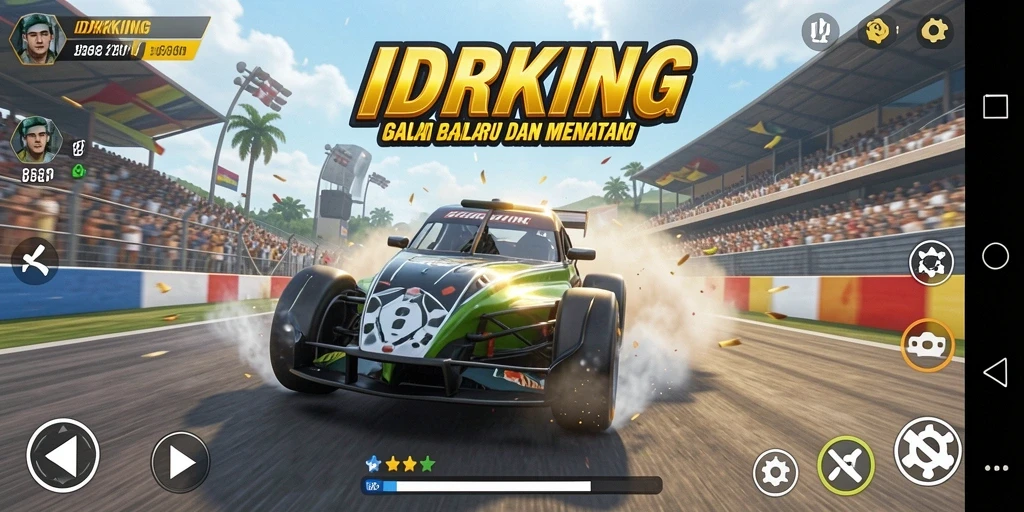 Screenshot gameplay IDRKING dengan aksi balapan yang intens.