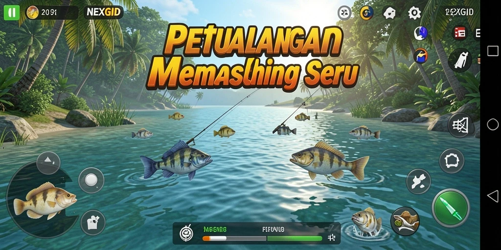 Screenshot gameplay NEXGID yang menunjukkan momen menangkap ikan.