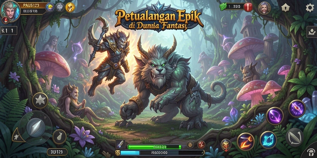Tangkapan layar gameplay PAUS123 menunjukkan aksi pertarungan epik dalam dunia fantasi.