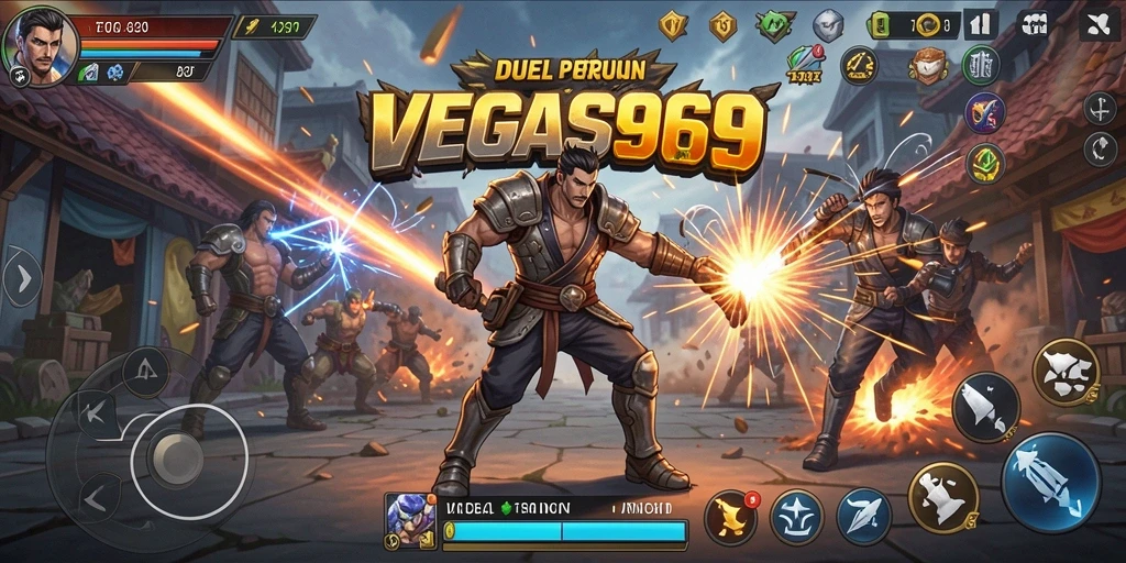 Tampilan seru gameplay Fighting dalam VEGAS969 saat karakter bertarung.